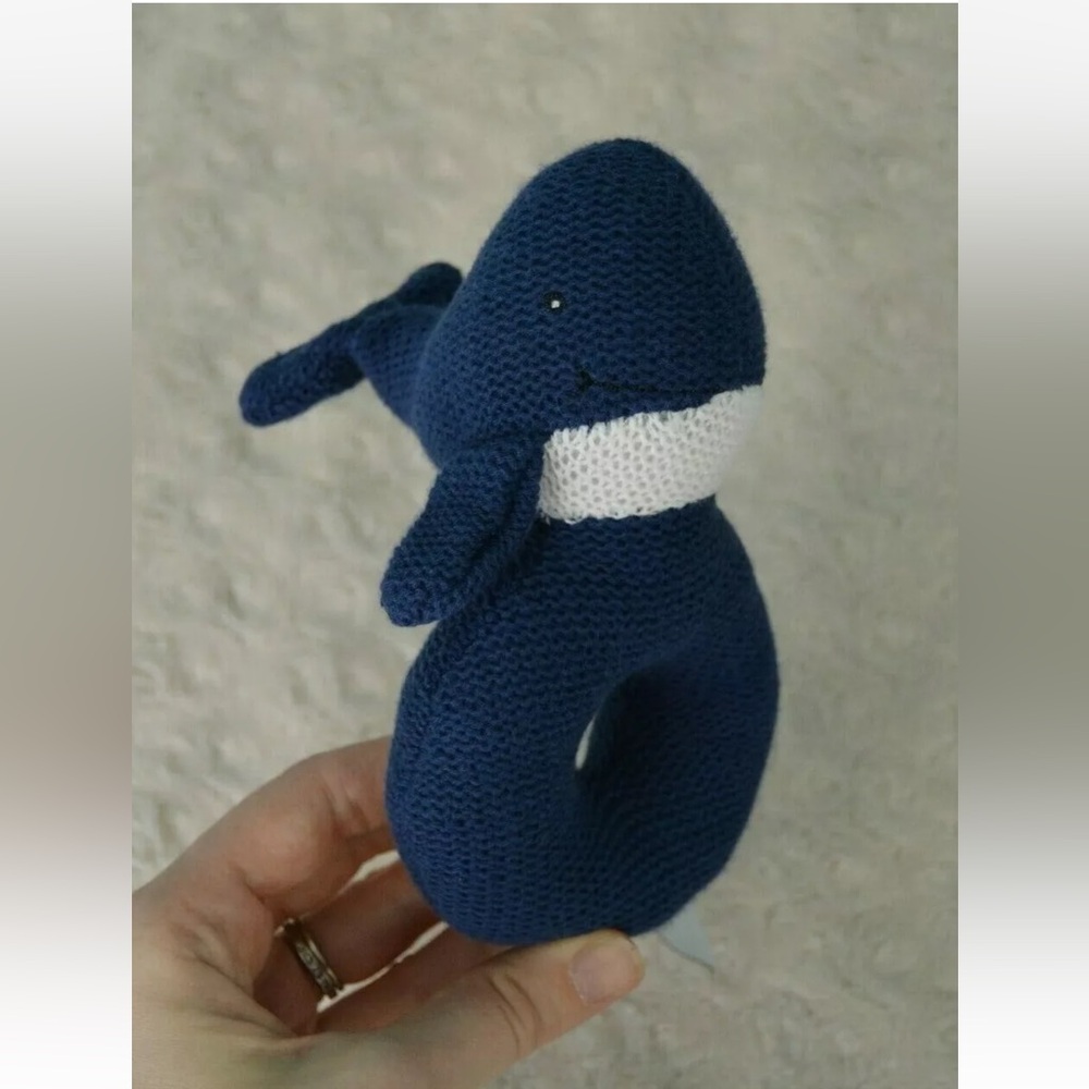 Peacock Alley Whale Ring Rattle Baby Toy Navy Blue White Sweater Knit